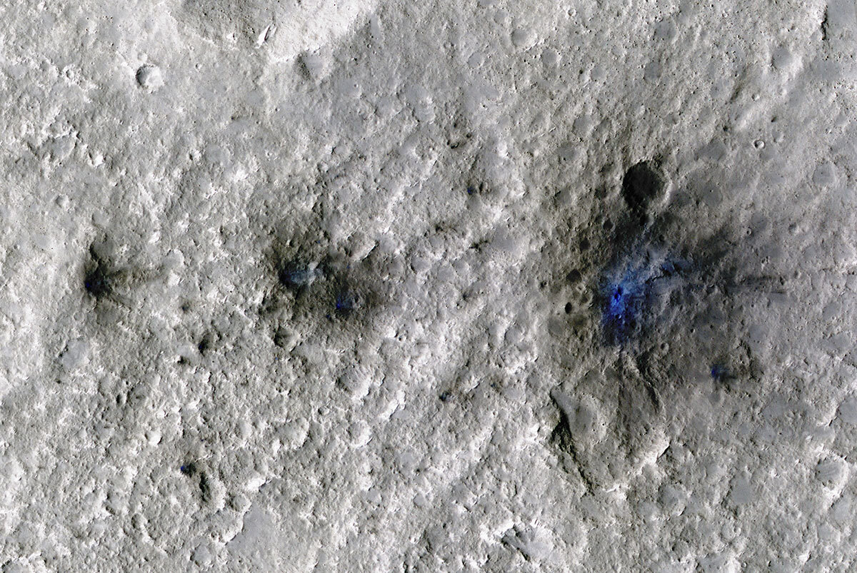 False colour image highlighting impacts by meteroids crashing on Mars as detected by the NASA InSight lander